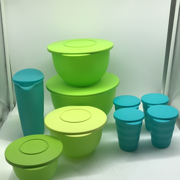 Tupperware Impressions Classic  Bowl  (4) & Jug (4) Tumbler Green & Blue Color - Picture 9 of 16